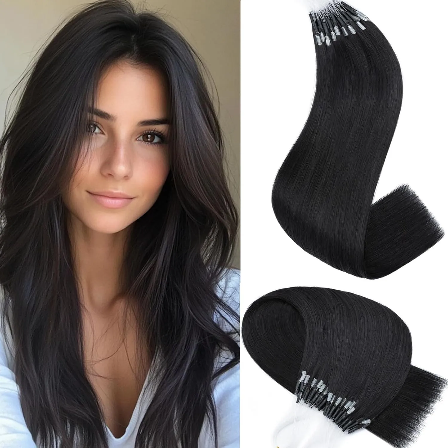 S-noilite U Tip Hair Extensions 100% Real Remy Human Hair Upgraded Micro Ring K Tip Extensions Pre Bonded Nail Tip Keratin Hair Extensions 50g/50 Stands 16 Inch Jet Black