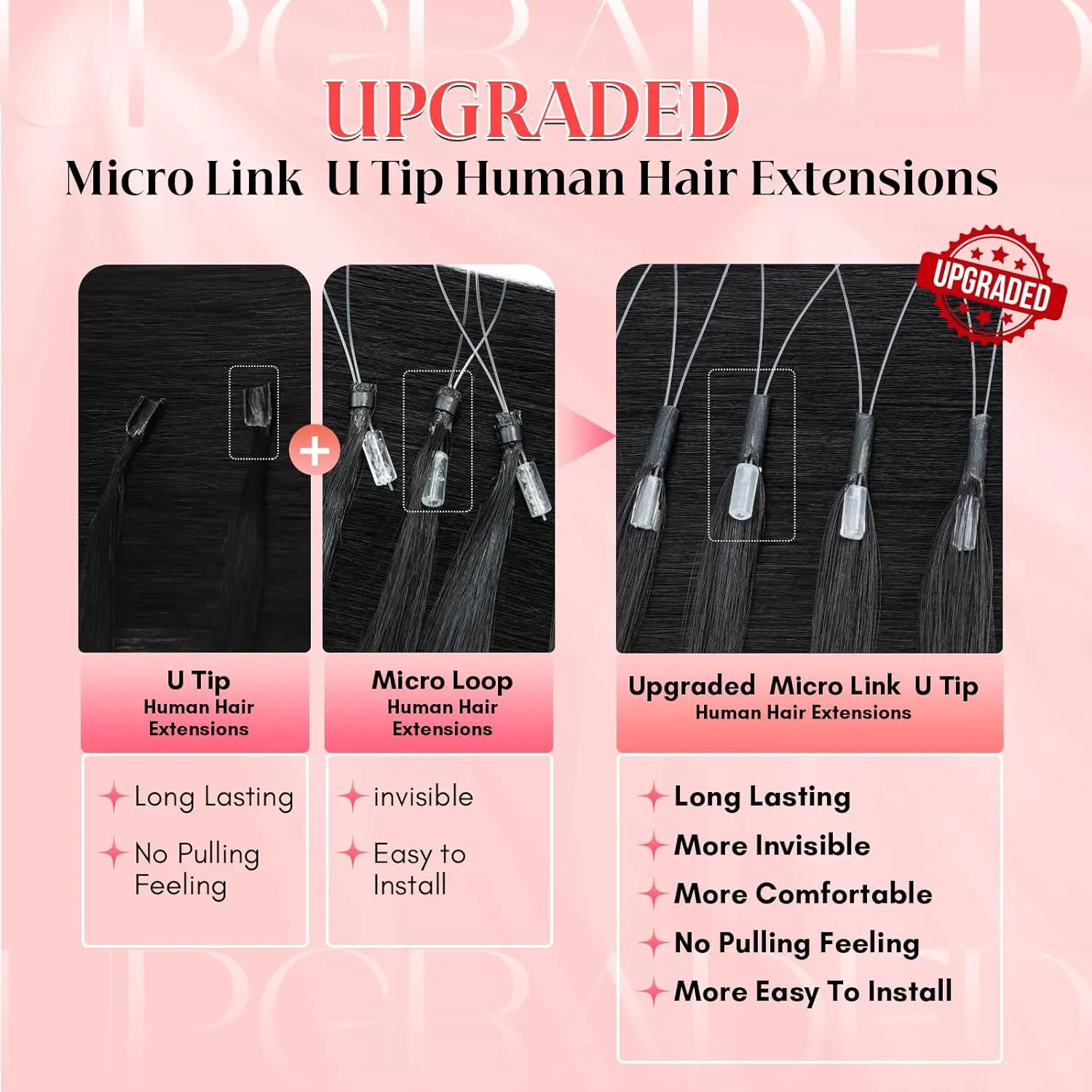 S-noilite U Tip Hair Extensions 100% Real Remy Human Hair Upgraded Micro Ring K Tip Extensions Pre Bonded Nail Tip Keratin Hair Extensions 50g/50 Stands 16 Inch Jet Black