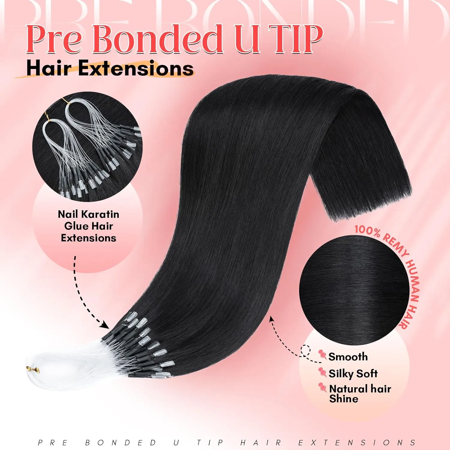 S-noilite U Tip Hair Extensions 100% Real Remy Human Hair Upgraded Micro Ring K Tip Extensions Pre Bonded Nail Tip Keratin Hair Extensions 50g/50 Stands 16 Inch Jet Black