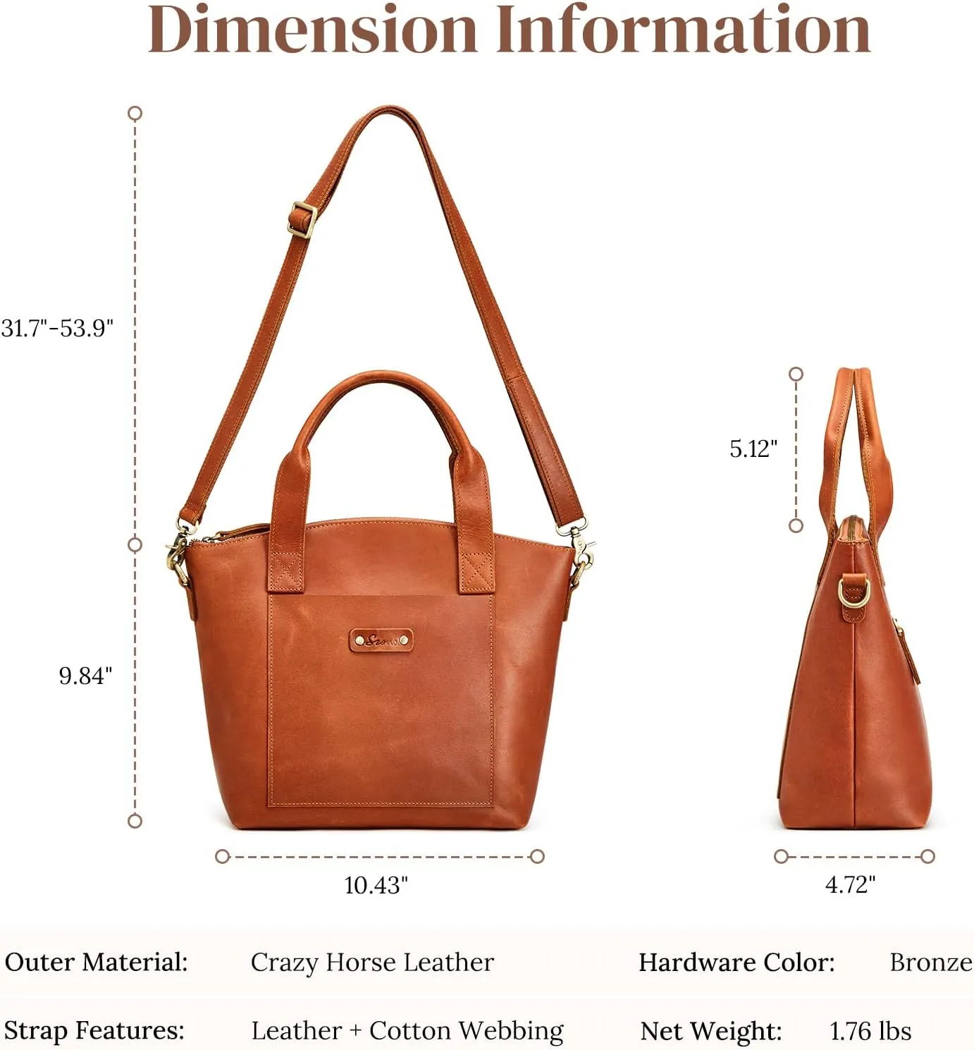 S-ZONE Genuine Leather Satchel Bags for Women Crossbody Tote Top-Handle Handbags Shoulder Purse Medium