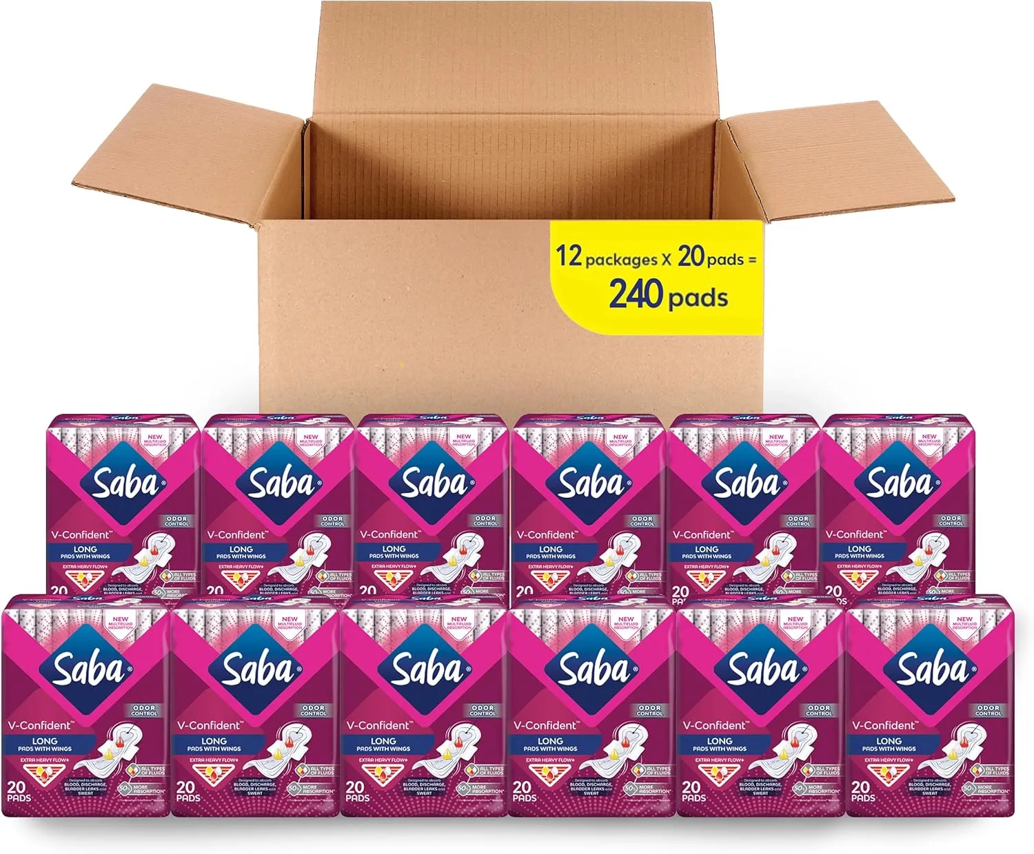 Saba V-Confident Long Pad 240 ct (12 Packs of 20 ct)