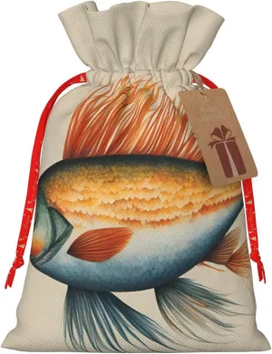 Safflower Flying Fish print Christmas Packing Cloth Bag with Drawstring Reusable Food Storage Bag Decoration bag