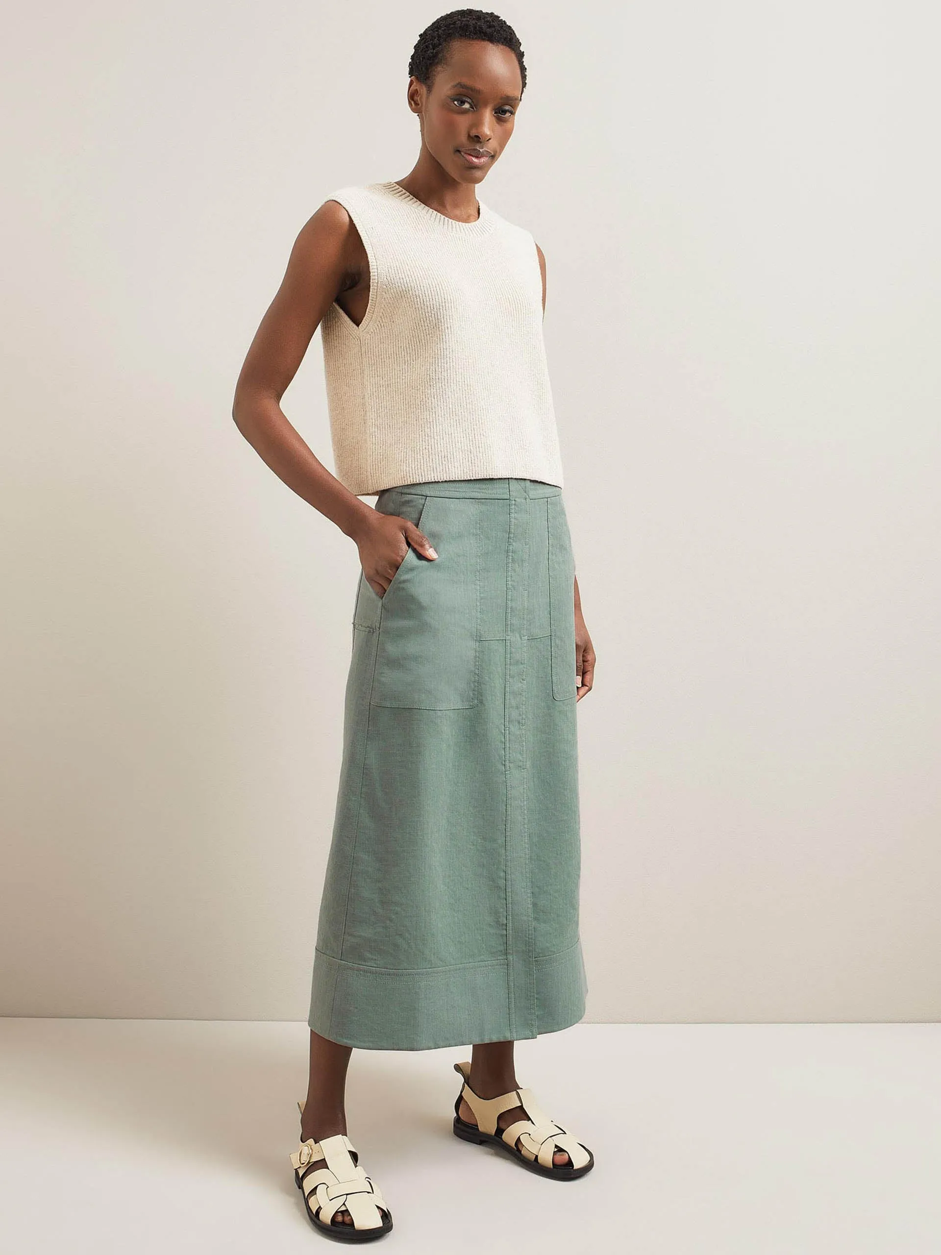 Sage green Safia techni linen midi skirt