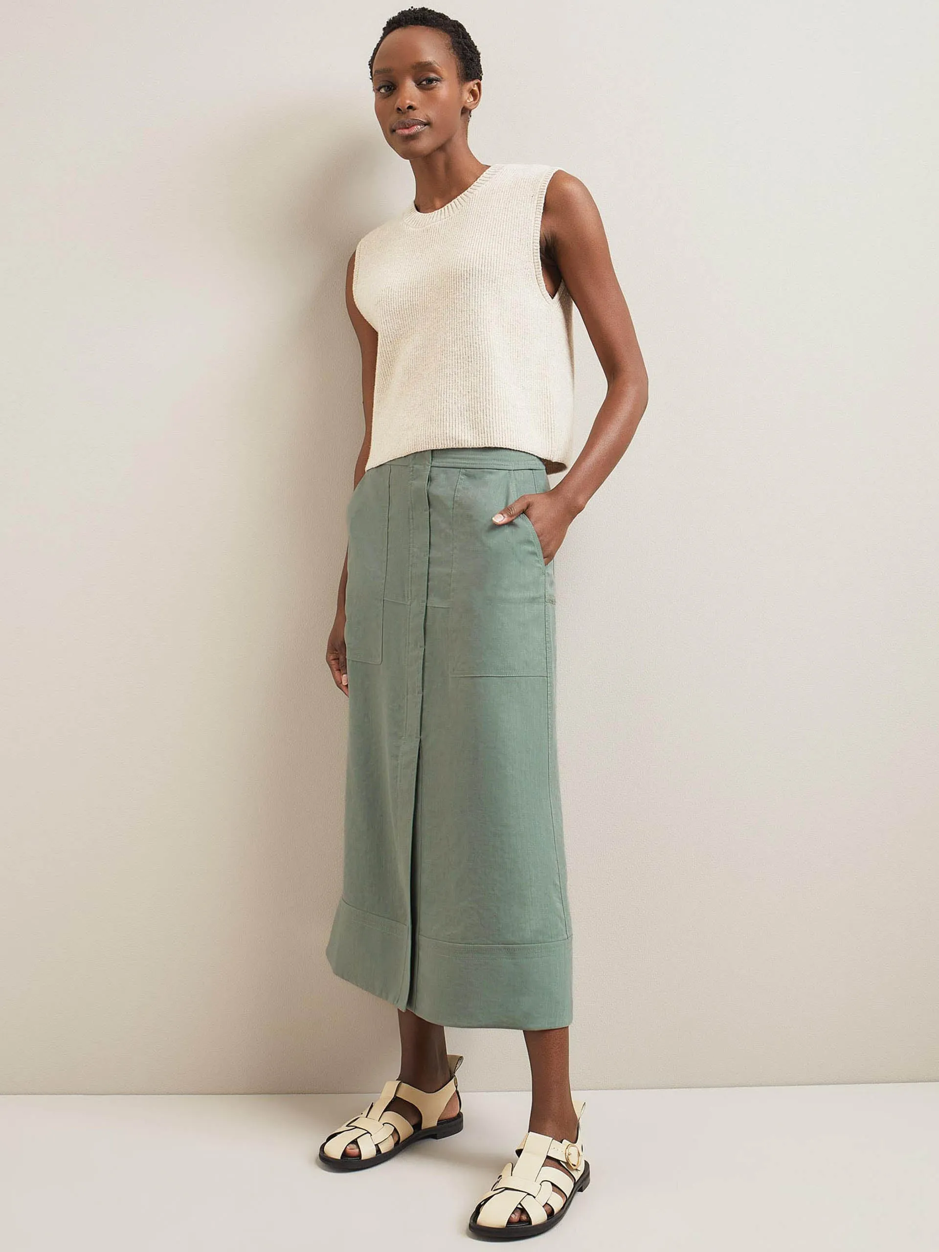 Sage green Safia techni linen midi skirt