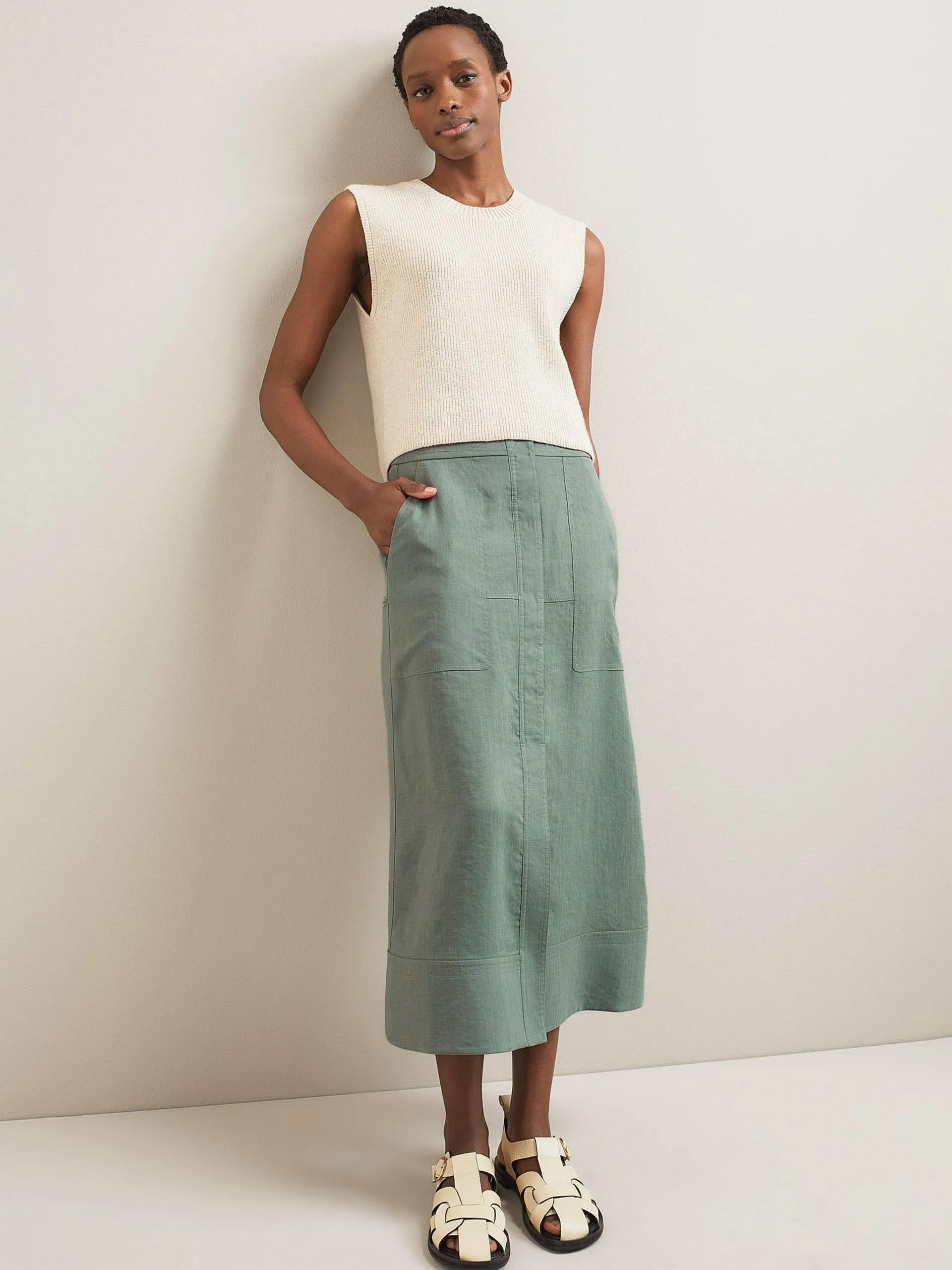 Sage green Safia techni linen midi skirt