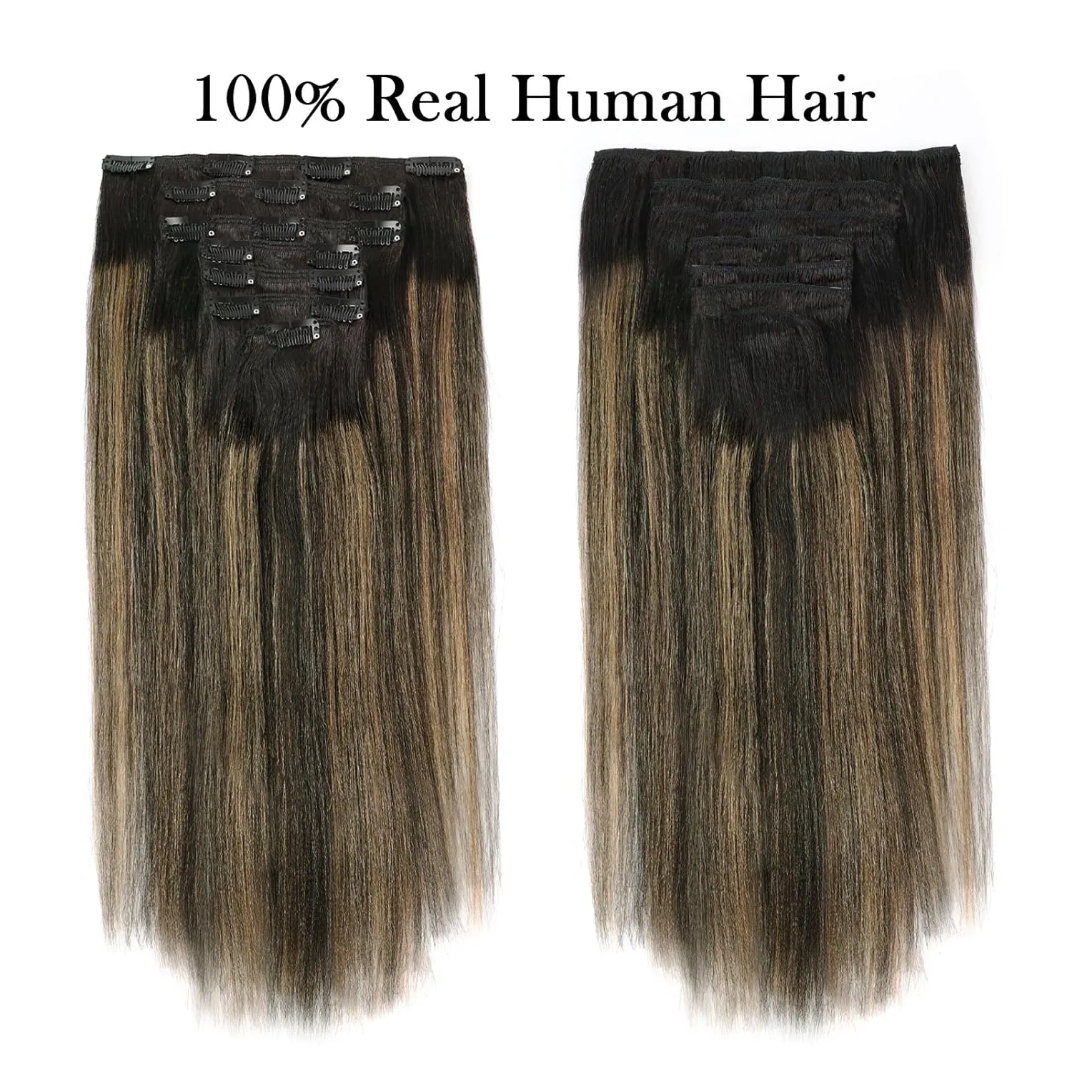 Sassina Real Hair Clip in Extensions Human Hair Yaki Straight Clip in Hair Extensions Natural Black to Strawberry Blonde Thick Double Weft Remy Clip ins 18 Inch 120 Grams 7 Pcs with 17 Clips