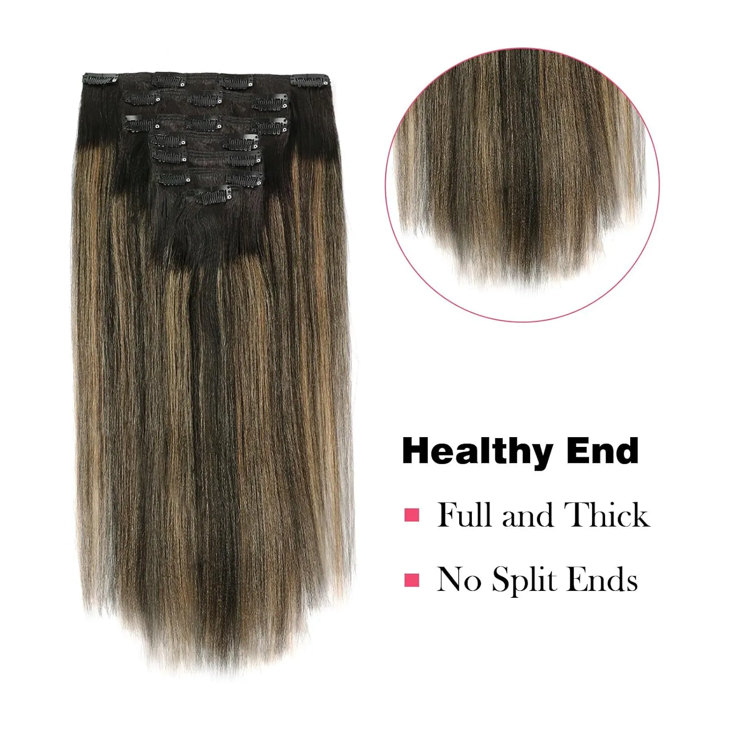Sassina Real Hair Clip in Extensions Human Hair Yaki Straight Clip in Hair Extensions Natural Black to Strawberry Blonde Thick Double Weft Remy Clip ins 18 Inch 120 Grams 7 Pcs with 17 Clips