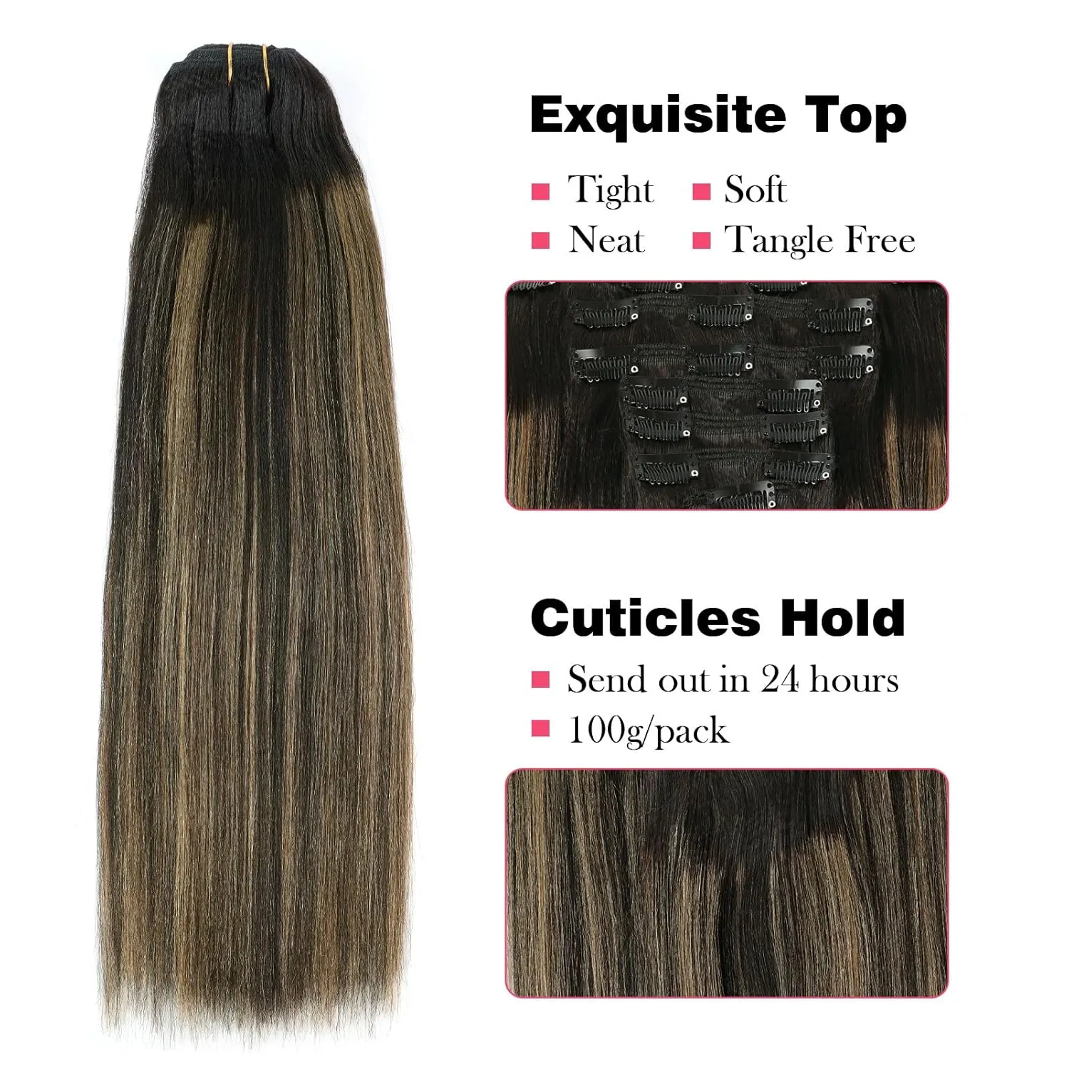 Sassina Real Hair Clip in Extensions Human Hair Yaki Straight Clip in Hair Extensions Natural Black to Strawberry Blonde Thick Double Weft Remy Clip ins 18 Inch 120 Grams 7 Pcs with 17 Clips