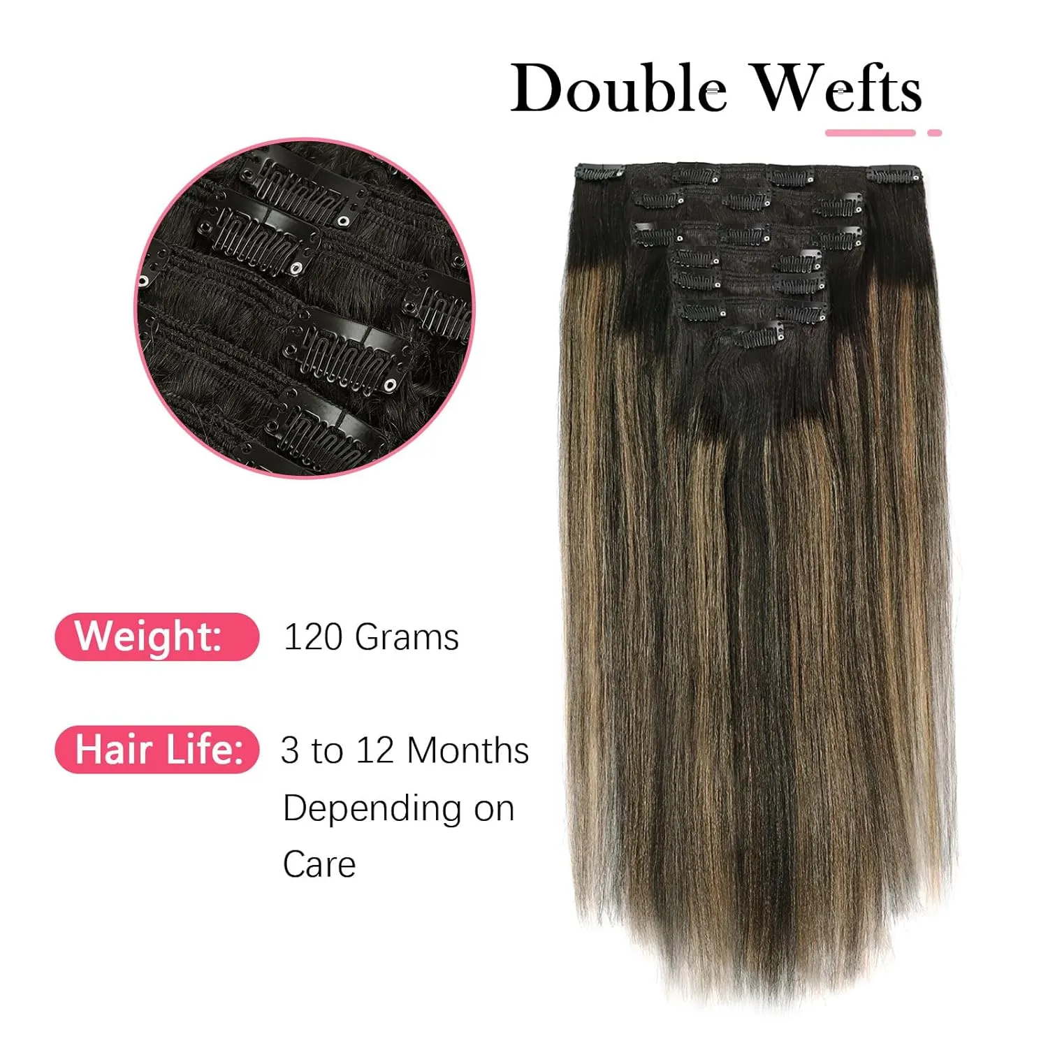 Sassina Real Hair Clip in Extensions Human Hair Yaki Straight Clip in Hair Extensions Natural Black to Strawberry Blonde Thick Double Weft Remy Clip ins 18 Inch 120 Grams 7 Pcs with 17 Clips