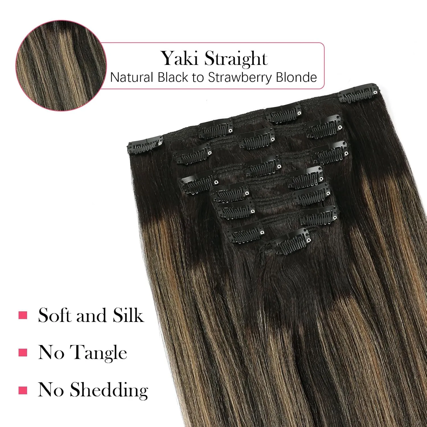 Sassina Real Hair Clip in Extensions Human Hair Yaki Straight Clip in Hair Extensions Natural Black to Strawberry Blonde Thick Double Weft Remy Clip ins 18 Inch 120 Grams 7 Pcs with 17 Clips