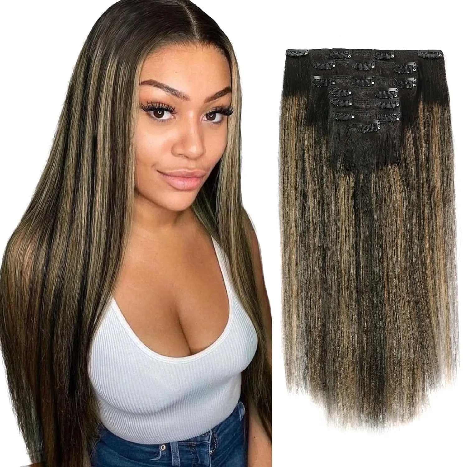Sassina Real Hair Clip in Extensions Human Hair Yaki Straight Clip in Hair Extensions Natural Black to Strawberry Blonde Thick Double Weft Remy Clip ins 18 Inch 120 Grams 7 Pcs with 17 Clips
