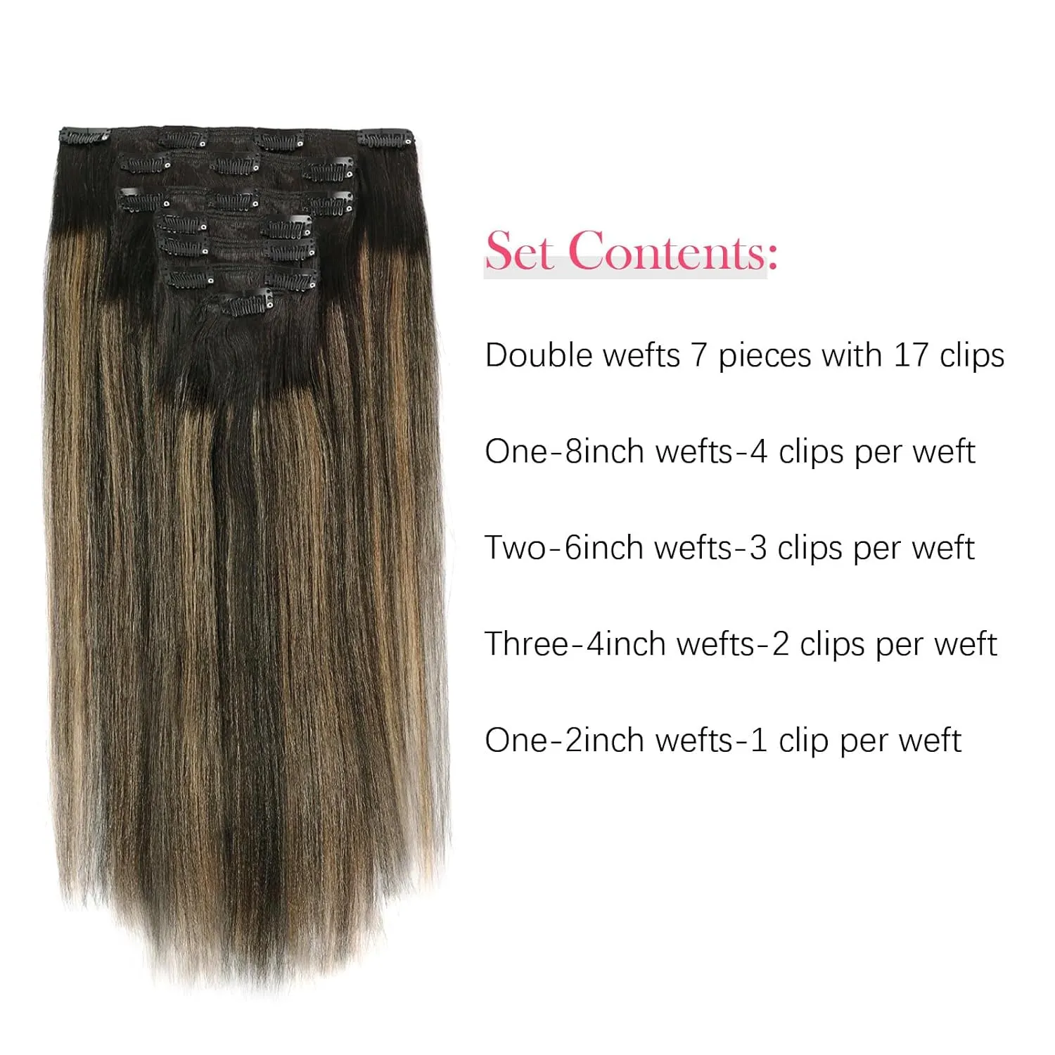 Sassina Real Hair Clip in Extensions Human Hair Yaki Straight Clip in Hair Extensions Natural Black to Strawberry Blonde Thick Double Weft Remy Clip ins 18 Inch 120 Grams 7 Pcs with 17 Clips