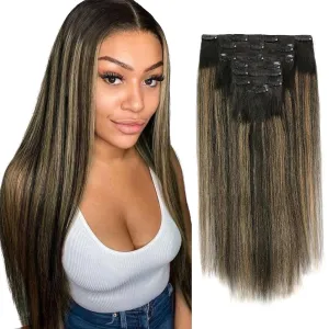 Sassina Yaki Clip in Extensions Real Human Hair Double Weft Hair Extensions Two Tone Natural Black to Strawberry Blonde Invisible Clip in Hair Extensions Human Hair 14 Inch 7 Pcs 120 Grams