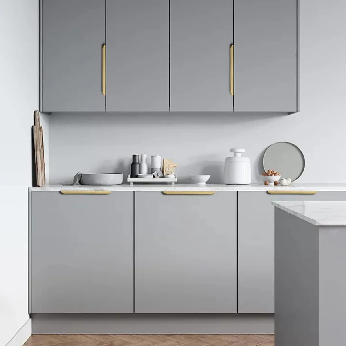 Satanga Edge Finger Tab pulls for Cabinets Kitchen Invisible Hardware Concealed Aluminum Flat Hidden Bar Pull Drawer Handles Pack of 5 Easy to Install 7.87inch 200mm Overall Length Brushed Brass
