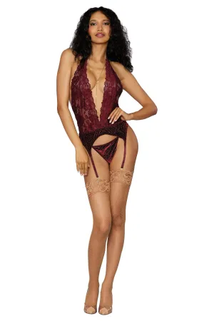 Scallop Edge Lace and Stretch Velvet Short Garter Slip and G-String Set