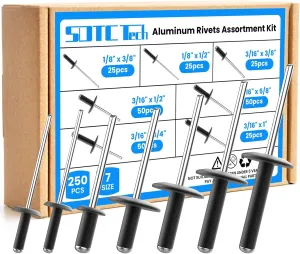 SDTC Tech 250pcs Black Pop Rivets Assortment Kit, 7 Sizes Large Flange Aluminum Rivets (1/8" 3/16"), Assorted Blind Rivets for Metal, Furniture, Automotive, Instruments