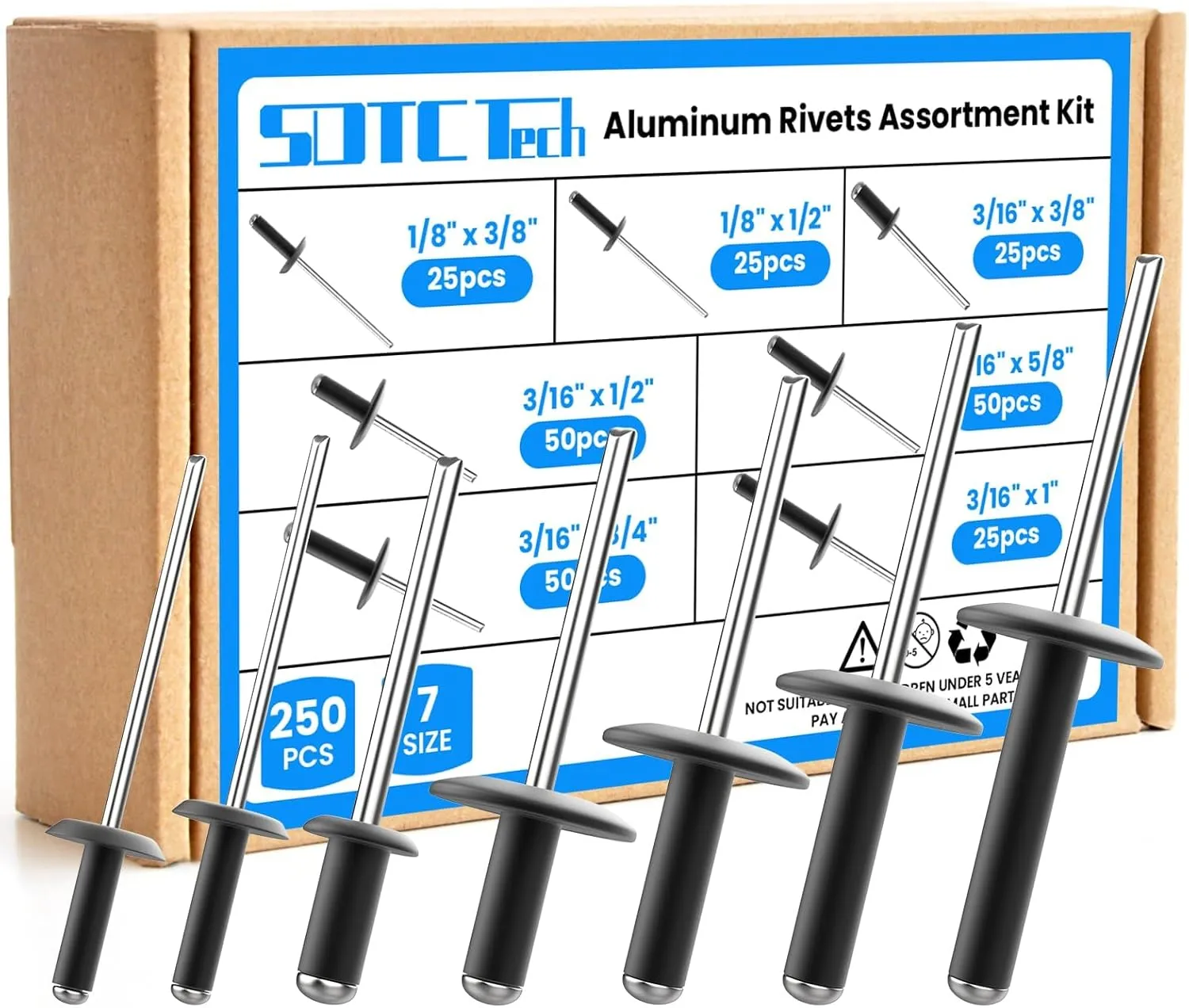 SDTC Tech 250pcs Black Pop Rivets Assortment Kit, 7 Sizes Large Flange Aluminum Rivets (1/8" 3/16"), Assorted Blind Rivets for Metal, Furniture, Automotive, Instruments