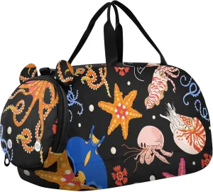 Sea Animals Crabs Starfish Stingray Squid Jellyfish Sports Duffle Bag for Girls Boys, Gym Bag with Shoe Compartment, Kids Travel Overnight Weekender Shoulder Bag