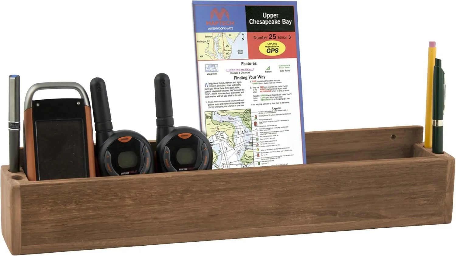 SeaTeak Wooden Boat Navigation Utility Rack Tray, 100% Solid Teak Wood, 17-1/2" x 3-7/16" x 2-3/4", Map Chart Phone Holder, Pen Slots, Perfect for Cabins, RV's & Campers