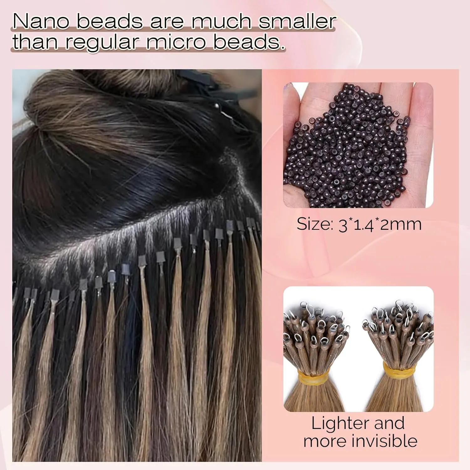SEGO Nano Bead Hair Extensions Human Hair, 1g/s 50g/pack 18 Inch Nano Ring Hair Extensions, Highlight, Add Volume and Length, Nano Tip Hair Extensions for Women Light Brown