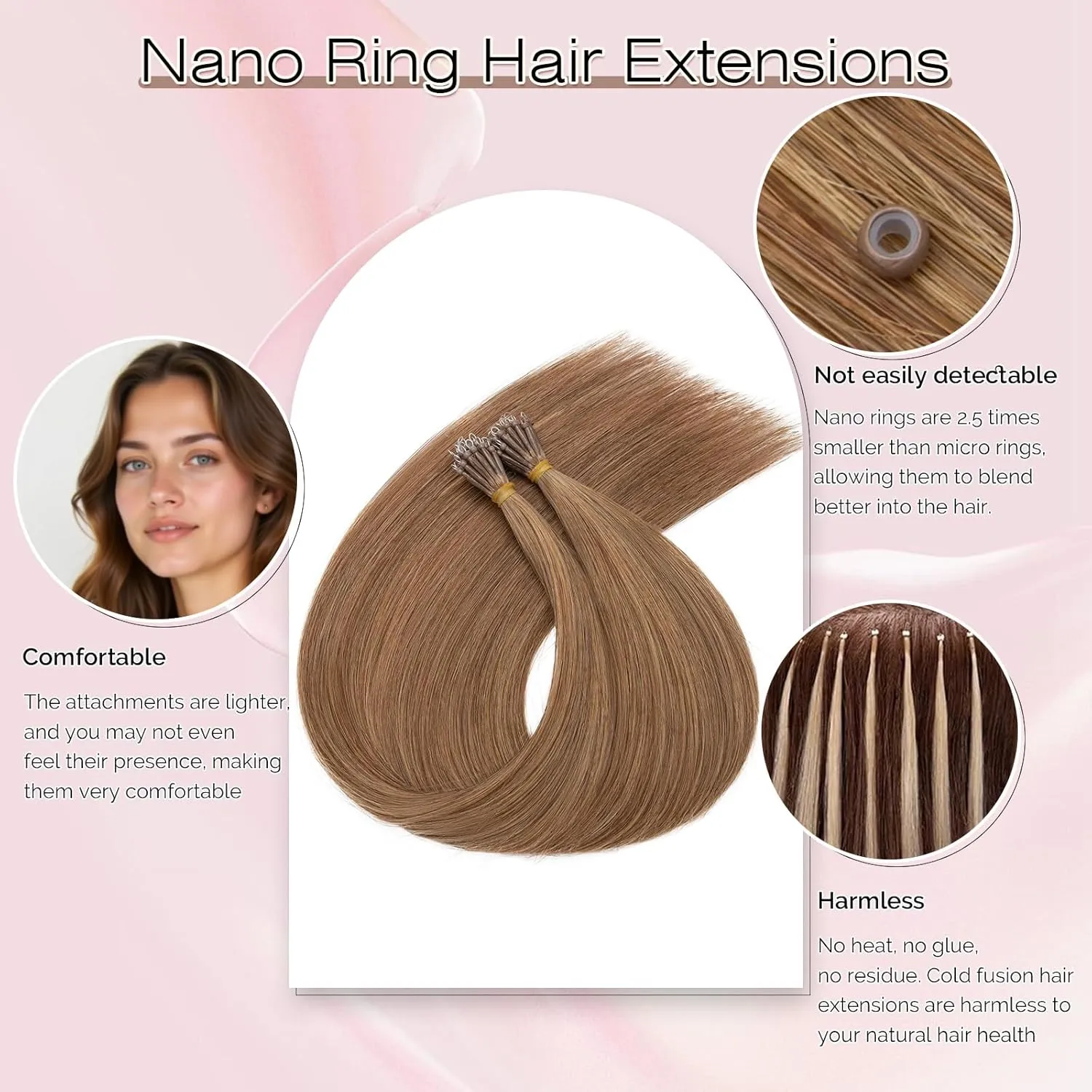 SEGO Nano Bead Hair Extensions Human Hair, 1g/s 50g/pack 18 Inch Nano Ring Hair Extensions, Highlight, Add Volume and Length, Nano Tip Hair Extensions for Women Light Brown