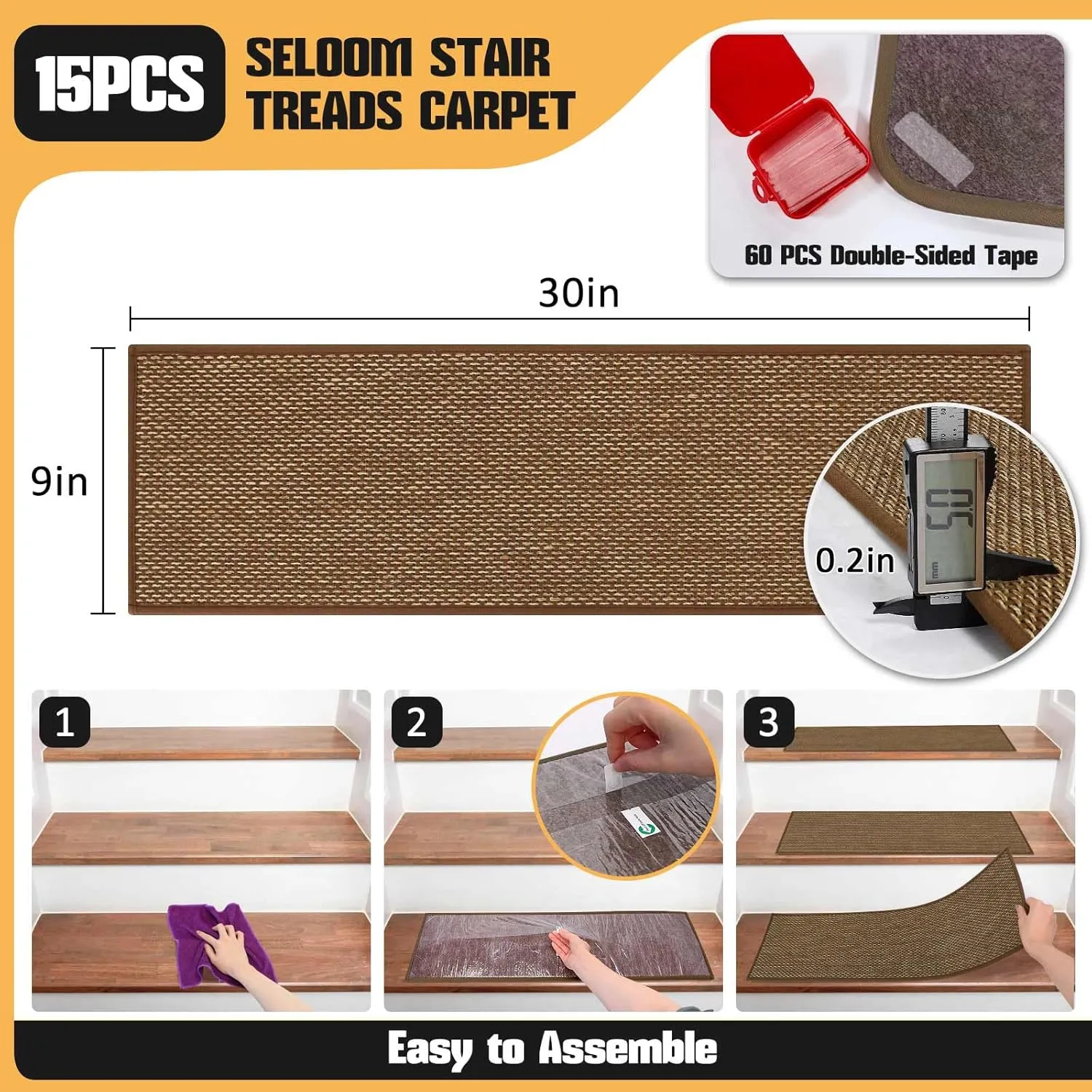 Seloom Linen Non-Slip Stair Treads Carpet for Wooden Steps Indoor, Peel and Stick for Wood Stairs, Machine Washable Runners for Pets, 15 Pack, Coffee (9" x30")