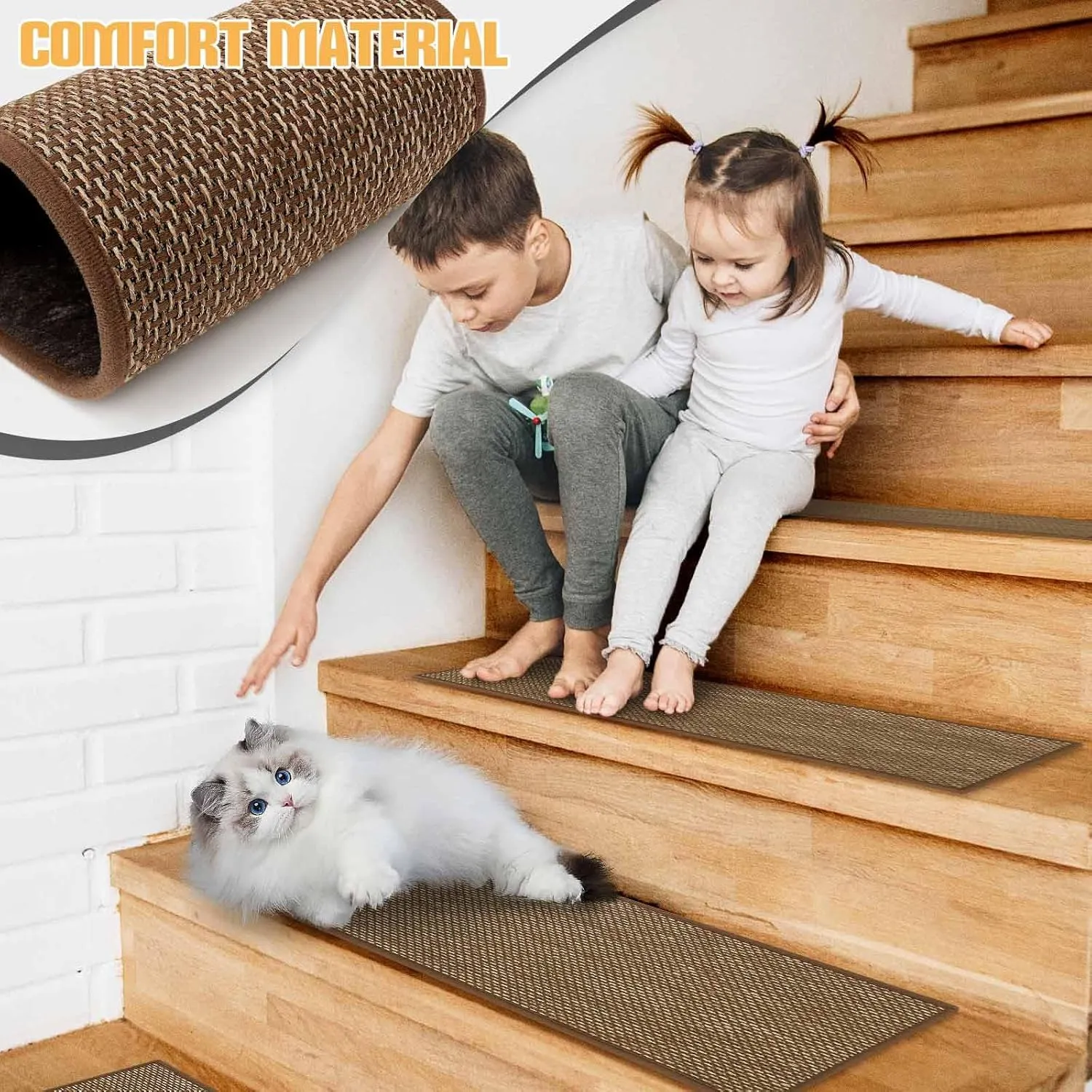 Seloom Linen Non-Slip Stair Treads Carpet for Wooden Steps Indoor, Peel and Stick for Wood Stairs, Machine Washable Runners for Pets, 15 Pack, Coffee (9" x30")