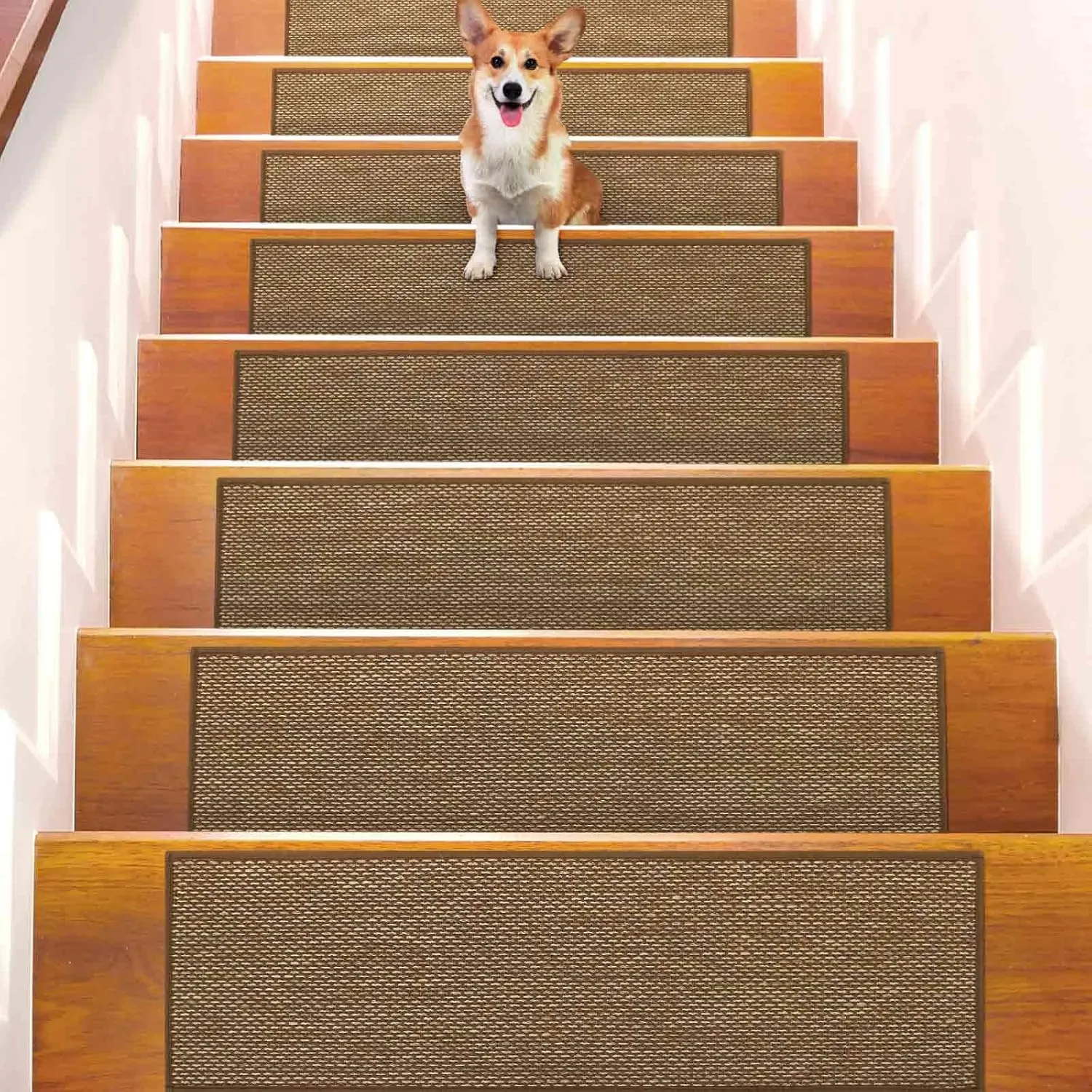 Seloom Linen Non-Slip Stair Treads Carpet for Wooden Steps Indoor, Peel and Stick for Wood Stairs, Machine Washable Runners for Pets, 15 Pack, Coffee (9" x30")