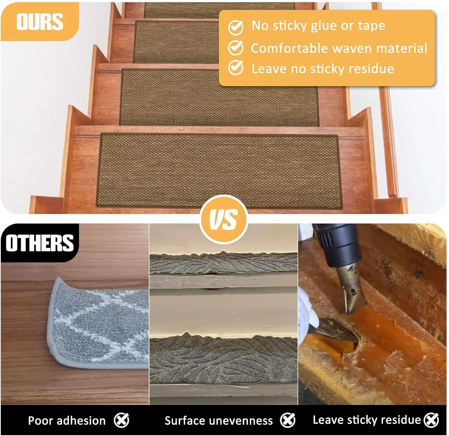 Seloom Linen Non-Slip Stair Treads Carpet for Wooden Steps Indoor, Peel and Stick for Wood Stairs, Machine Washable Runners for Pets, 15 Pack, Coffee (9" x30")