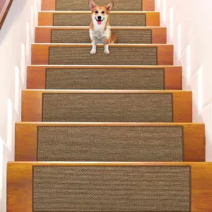 Seloom Linen Non-Slip Stair Treads Carpet for Wooden Steps Indoor, Peel and Stick for Wood Stairs, Machine Washable Runners for Pets, 15 Pack, Coffee (9" x30")