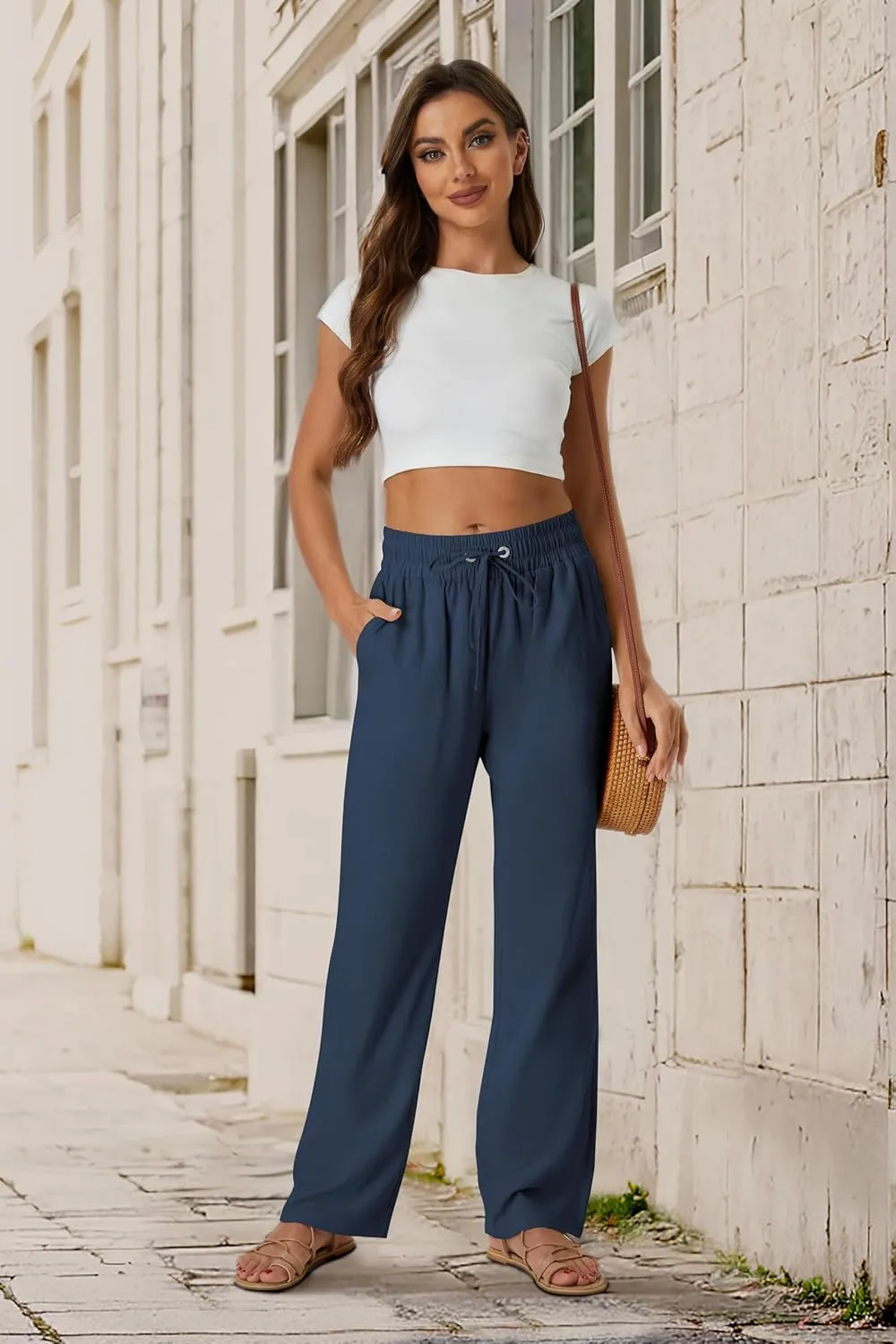 SEMARO Womens Casual Linen High Waist Pants Drawstring Loose Fit Summer Pants Trousers with Side Pockets