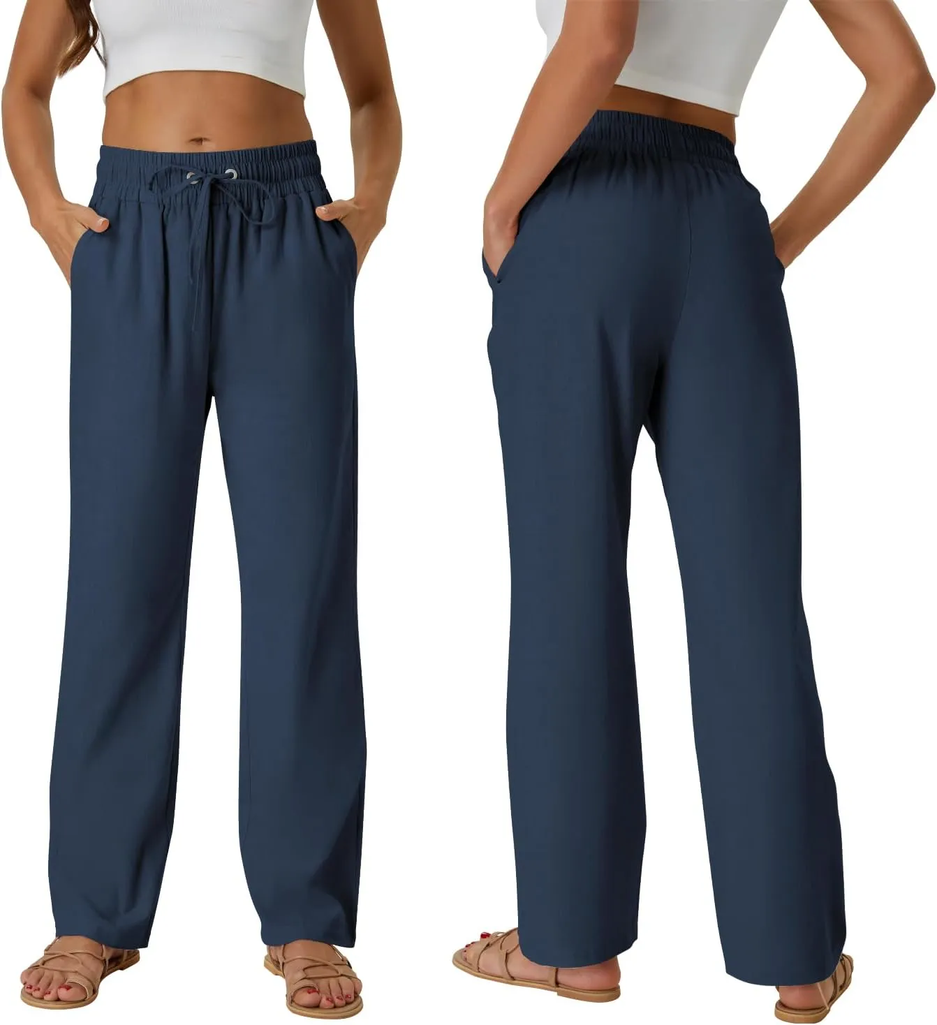 SEMARO Womens Casual Linen High Waist Pants Drawstring Loose Fit Summer Pants Trousers with Side Pockets