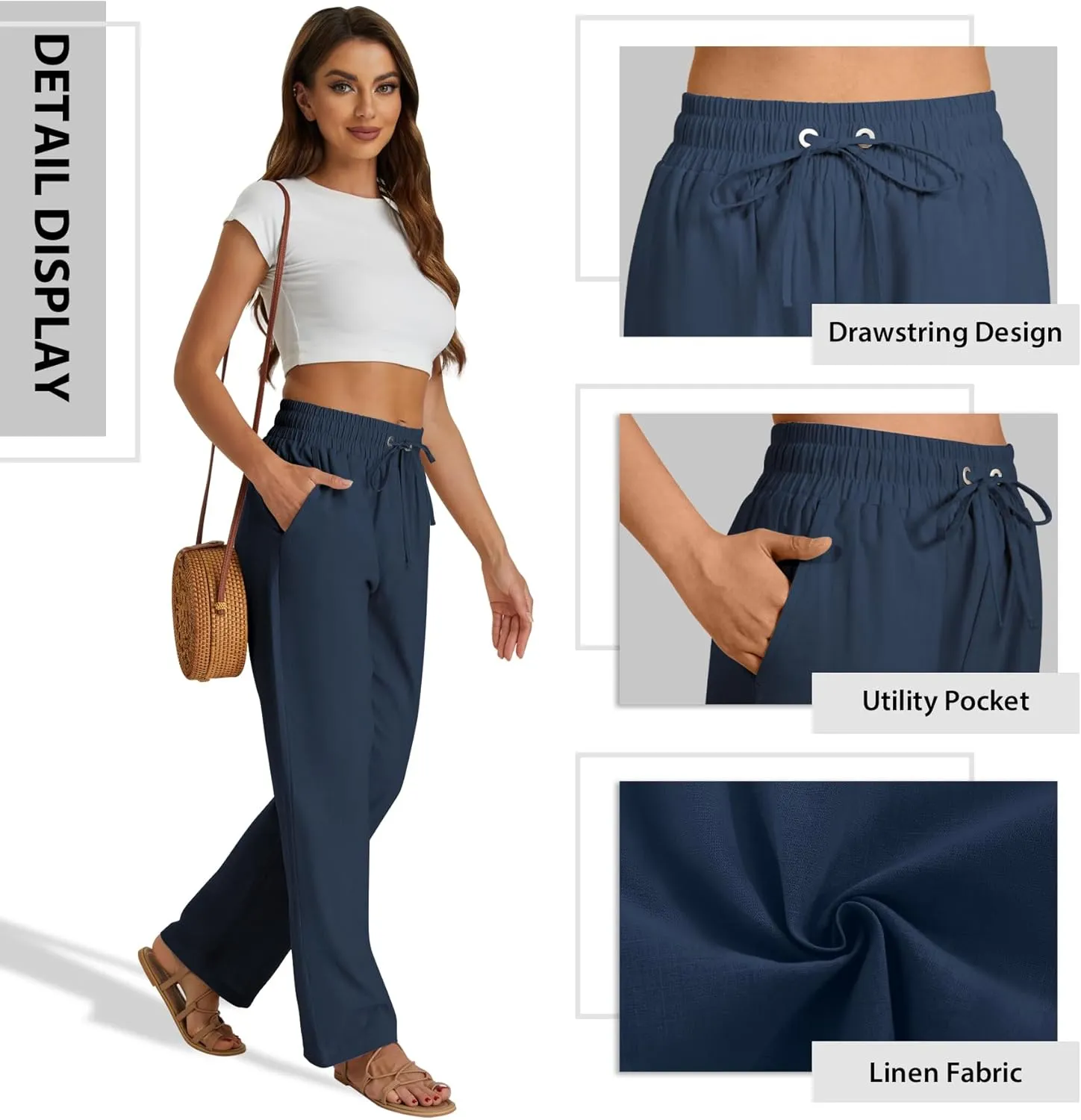 SEMARO Womens Casual Linen High Waist Pants Drawstring Loose Fit Summer Pants Trousers with Side Pockets