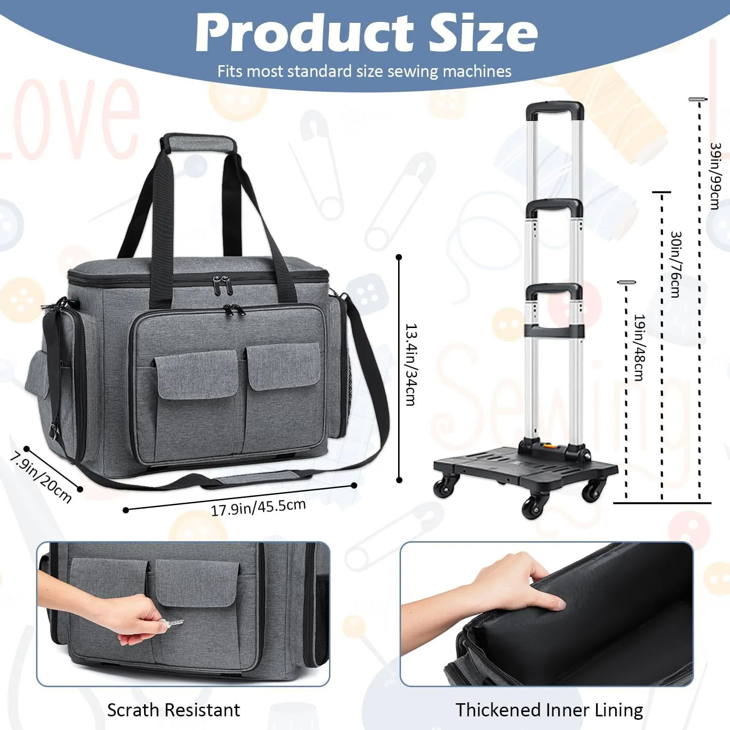 Sewing Machine Case with Wheels - Rolling Sewing Machine Tote with Removable Bottom Pad & Multiple Storage Pockets, Compatible with Singer & Brother (Grey)