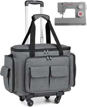 Sewing Machine Case with Wheels - Rolling Sewing Machine Tote with Removable Bottom Pad & Multiple Storage Pockets, Compatible with Singer & Brother (Grey)
