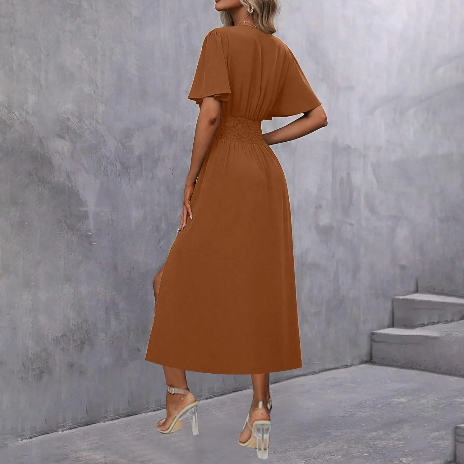 Sexy Deep V Dress for Women Elegant Ruffle Sleeve Front Cross Wrap Midi Skirt Side Slit Comfy Dresses Party Business