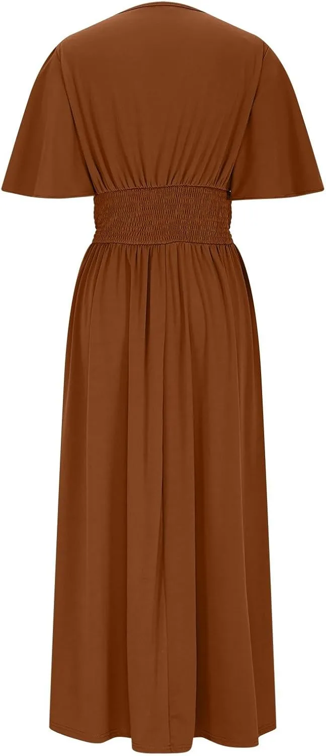 Sexy Deep V Dress for Women Elegant Ruffle Sleeve Front Cross Wrap Midi Skirt Side Slit Comfy Dresses Party Business