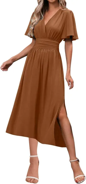 Sexy Deep V Dress for Women Elegant Ruffle Sleeve Front Cross Wrap Midi Skirt Side Slit Comfy Dresses Party Business