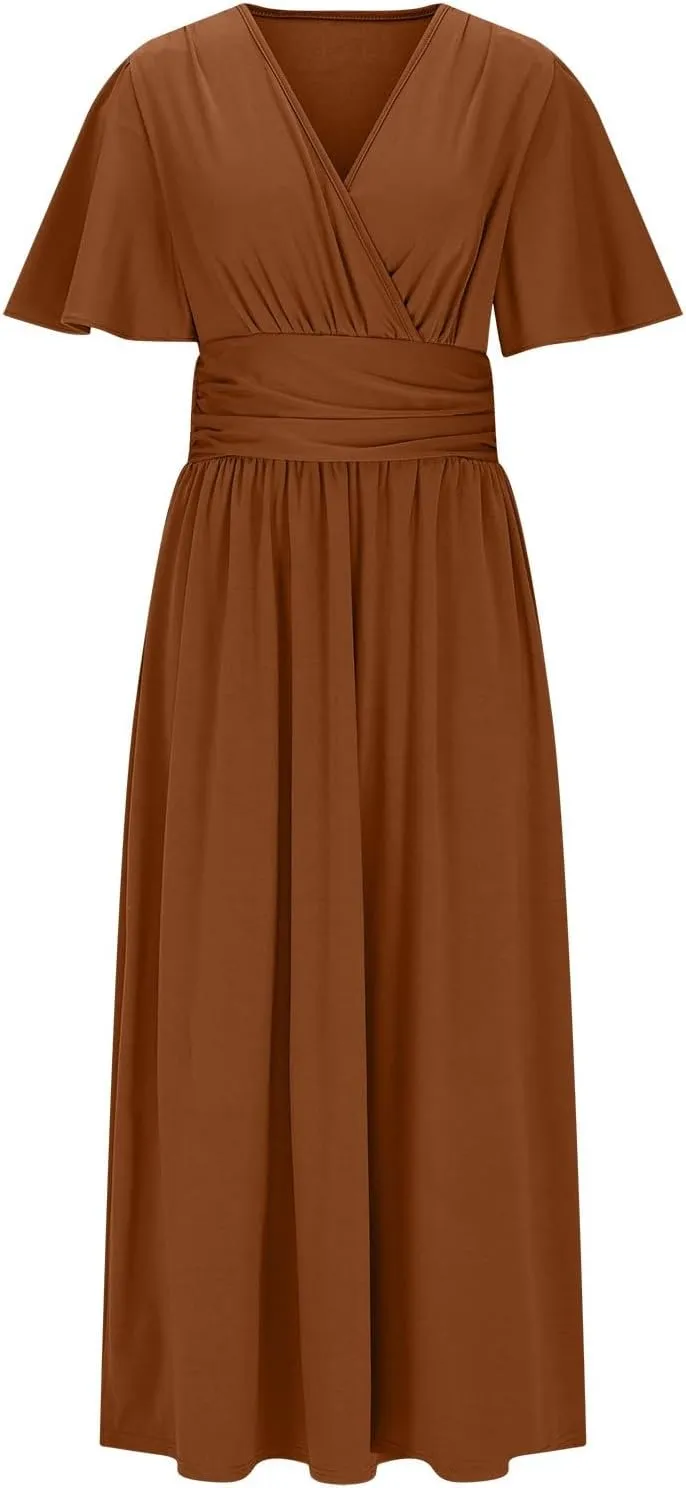 Sexy Deep V Dress for Women Elegant Ruffle Sleeve Front Cross Wrap Midi Skirt Side Slit Comfy Dresses Party Business