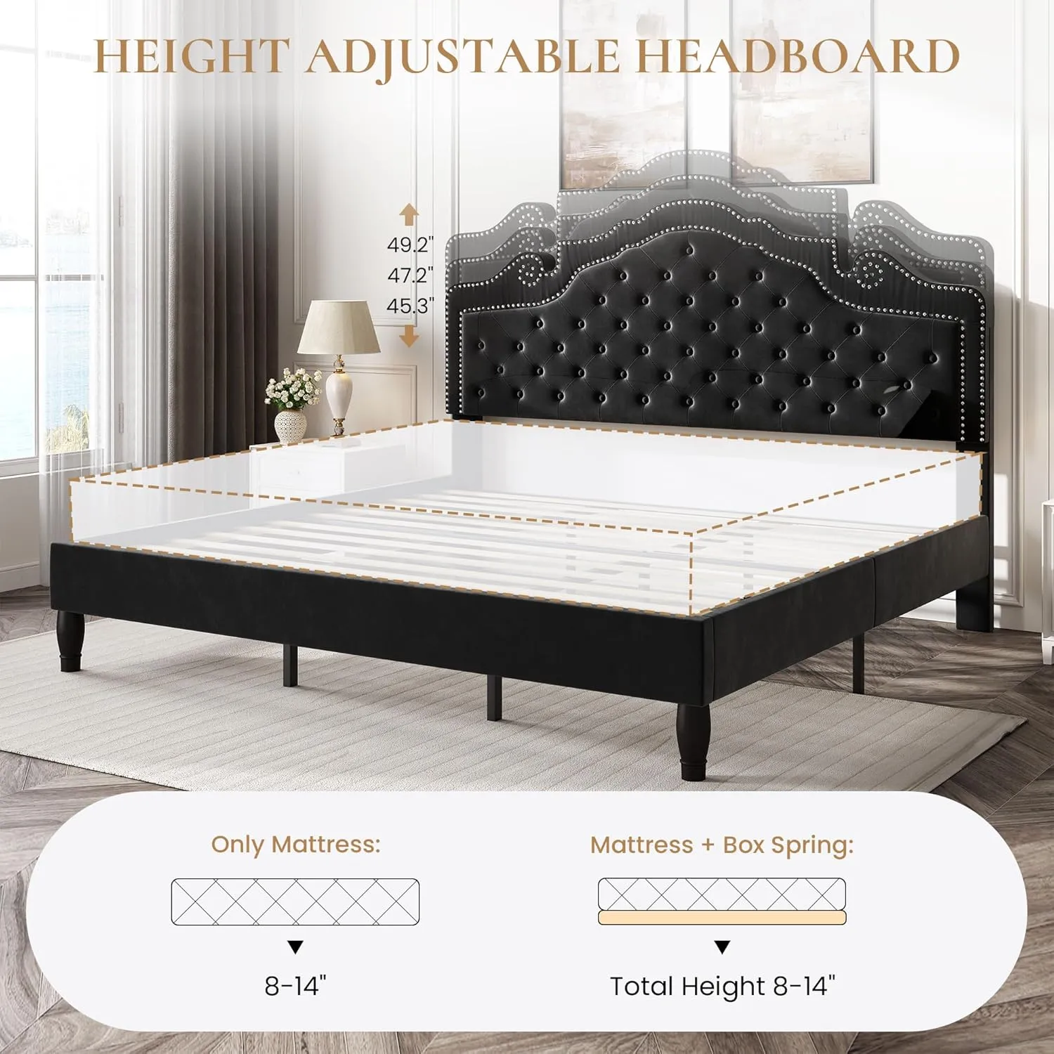 SHA CERLIN King Size Platfrom Bed Frame with Adjustable Headboard/Velvet Upholstered Diamond Button Tufted and Metal Studs/No Box Spring Needed/Easy Assembly/Wooden Slat Support/Black