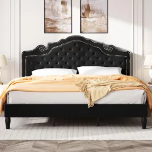 SHA CERLIN King Size Platfrom Bed Frame with Adjustable Headboard/Velvet Upholstered Diamond Button Tufted and Metal Studs/No Box Spring Needed/Easy Assembly/Wooden Slat Support/Black