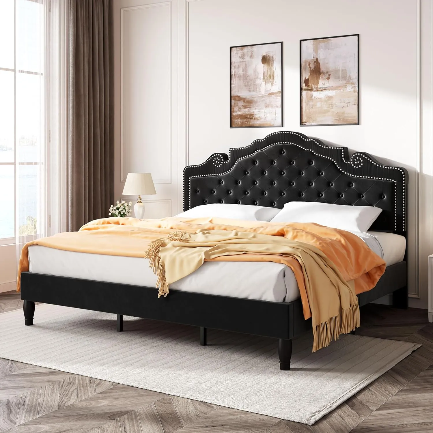 SHA CERLIN King Size Platfrom Bed Frame with Adjustable Headboard/Velvet Upholstered Diamond Button Tufted and Metal Studs/No Box Spring Needed/Easy Assembly/Wooden Slat Support/Black