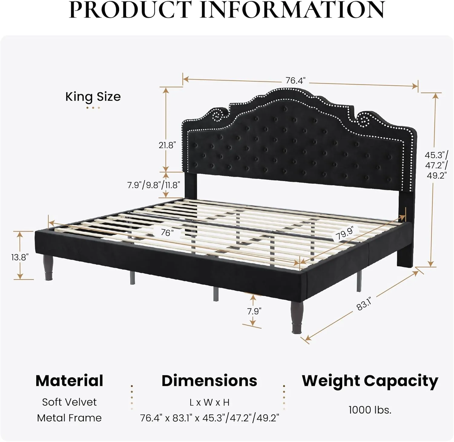 SHA CERLIN King Size Platfrom Bed Frame with Adjustable Headboard/Velvet Upholstered Diamond Button Tufted and Metal Studs/No Box Spring Needed/Easy Assembly/Wooden Slat Support/Black