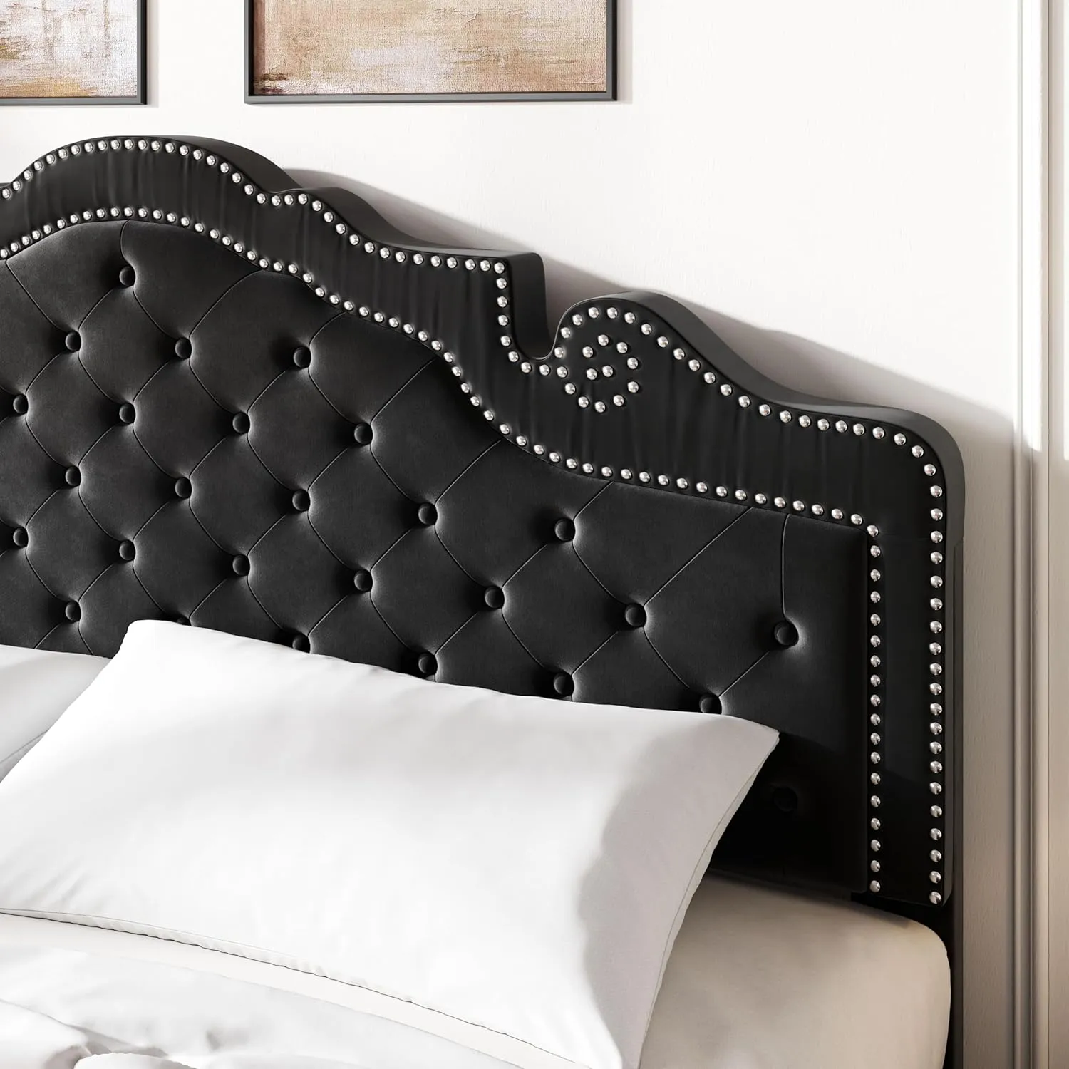 SHA CERLIN King Size Platfrom Bed Frame with Adjustable Headboard/Velvet Upholstered Diamond Button Tufted and Metal Studs/No Box Spring Needed/Easy Assembly/Wooden Slat Support/Black