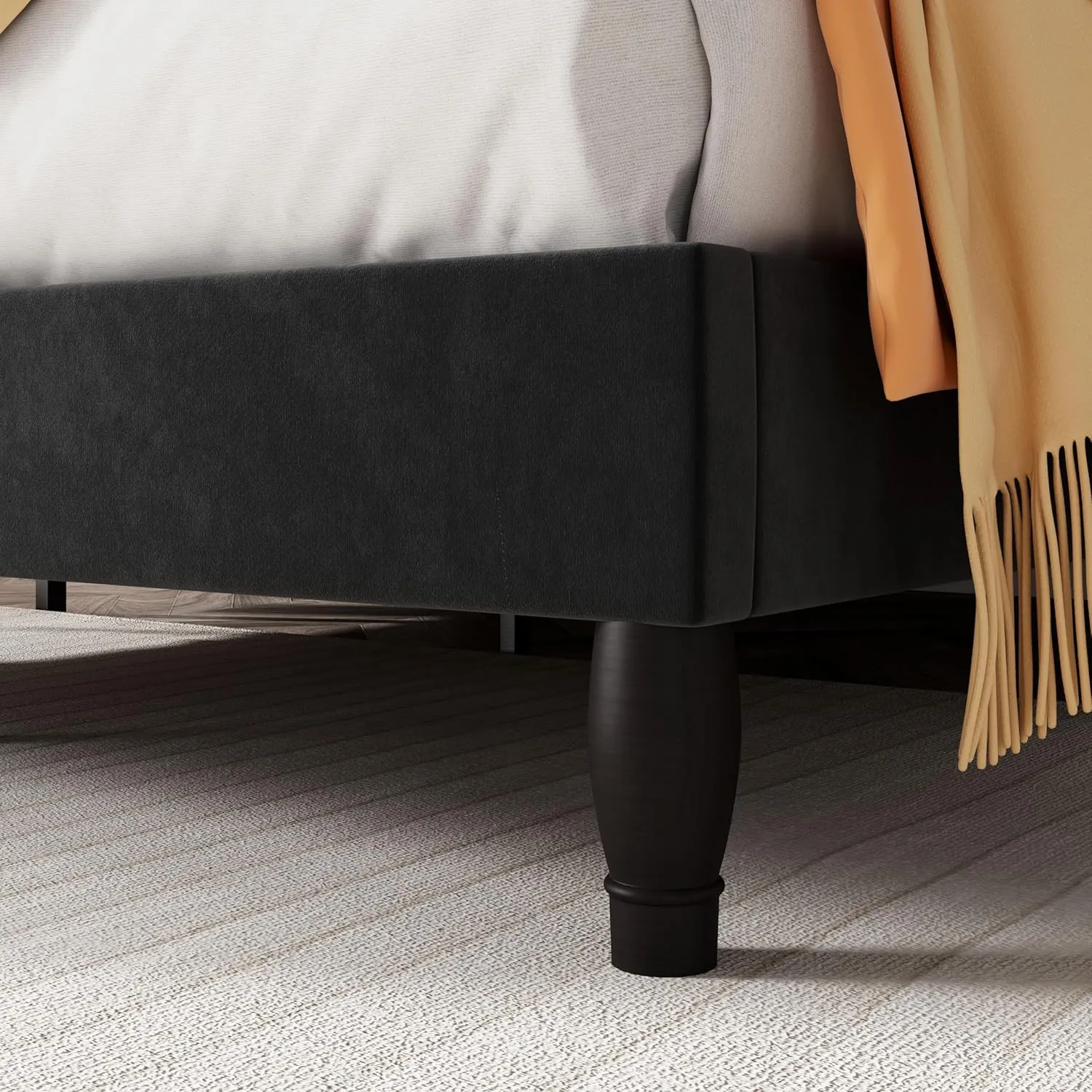 SHA CERLIN King Size Platfrom Bed Frame with Adjustable Headboard/Velvet Upholstered Diamond Button Tufted and Metal Studs/No Box Spring Needed/Easy Assembly/Wooden Slat Support/Black