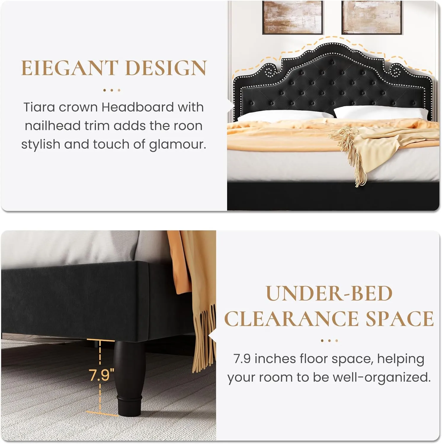 SHA CERLIN King Size Platfrom Bed Frame with Adjustable Headboard/Velvet Upholstered Diamond Button Tufted and Metal Studs/No Box Spring Needed/Easy Assembly/Wooden Slat Support/Black