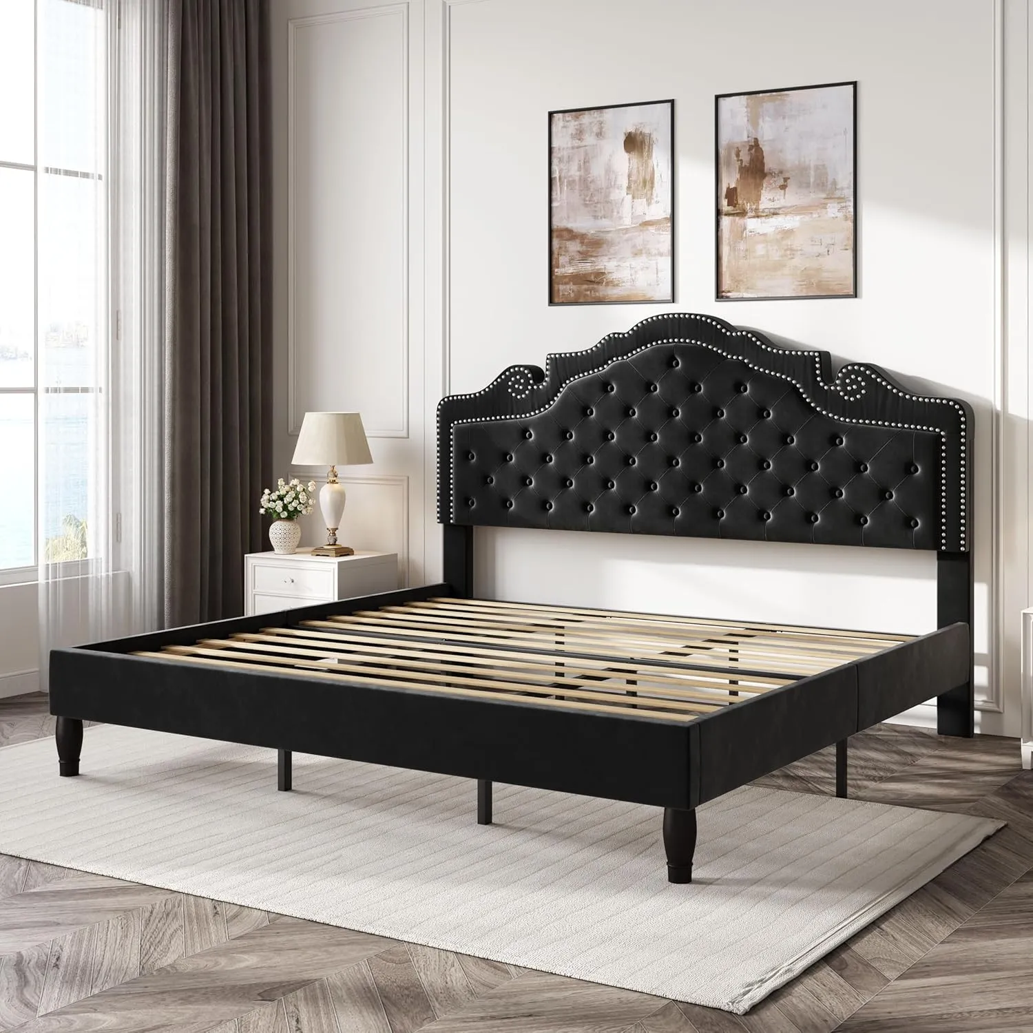 SHA CERLIN King Size Platfrom Bed Frame with Adjustable Headboard/Velvet Upholstered Diamond Button Tufted and Metal Studs/No Box Spring Needed/Easy Assembly/Wooden Slat Support/Black