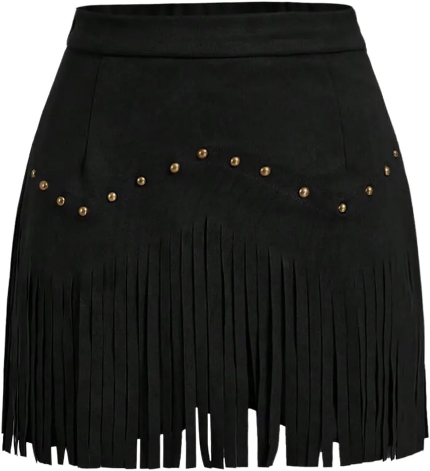 SHENHE Women's Plus Size Faux Suede Fringe High Waisted Rivet Studded Western Hippie Skirt