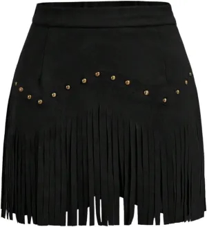 SHENHE Women's Plus Size Faux Suede Fringe High Waisted Rivet Studded Western Hippie Skirt