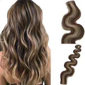Short Straight Tape Hair Extensions Brown to Blonde Lowlights 30grams 20pcs Skin Weft Heat Resistant Real Human Hair Tape in Extensions Blonde Mixed(H#4/613, 16inches)
